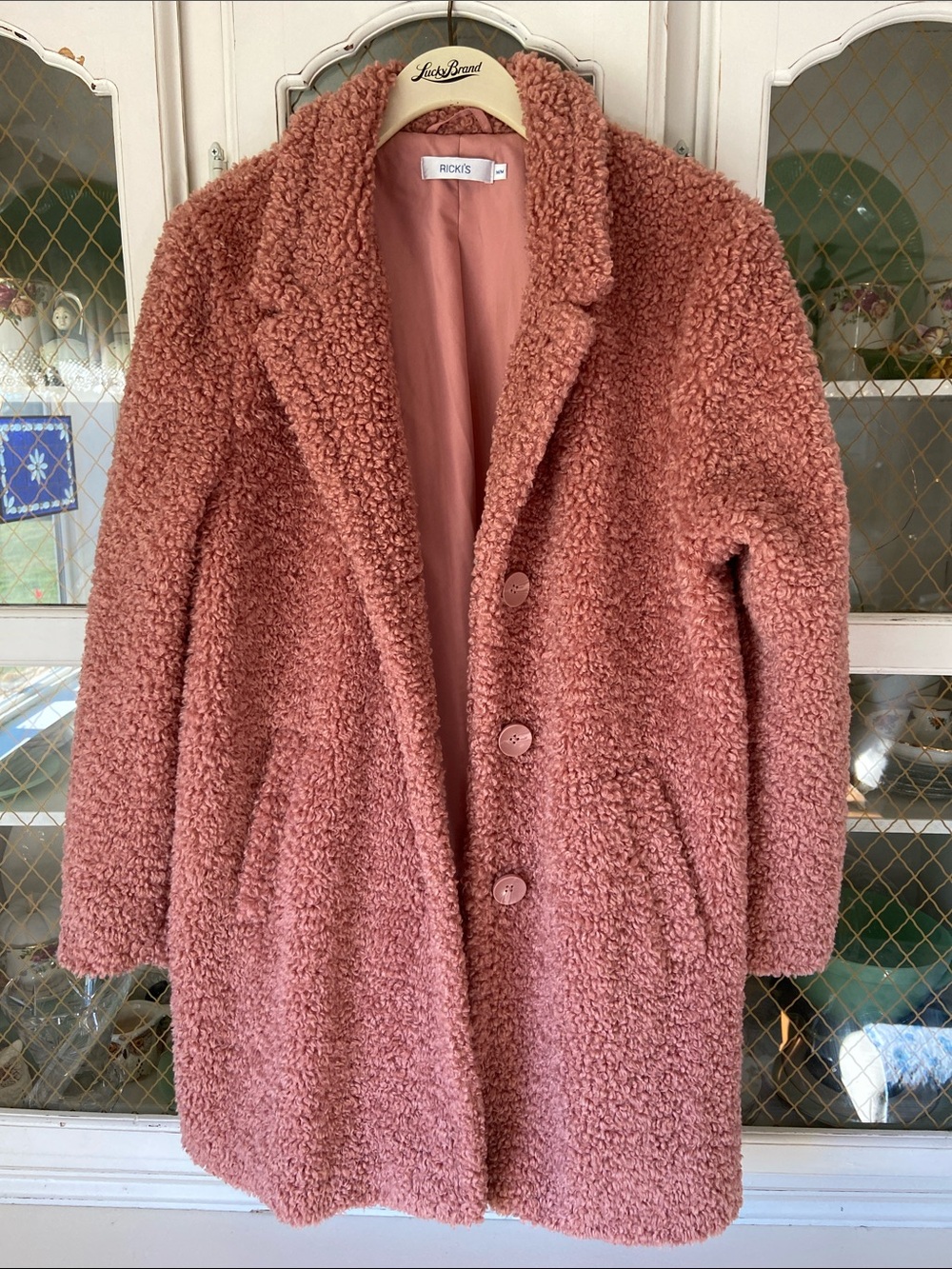 Dusty Rose Poodle Bouclé Pea Coat Lined Faux Fur Shearling Romantic Feminine